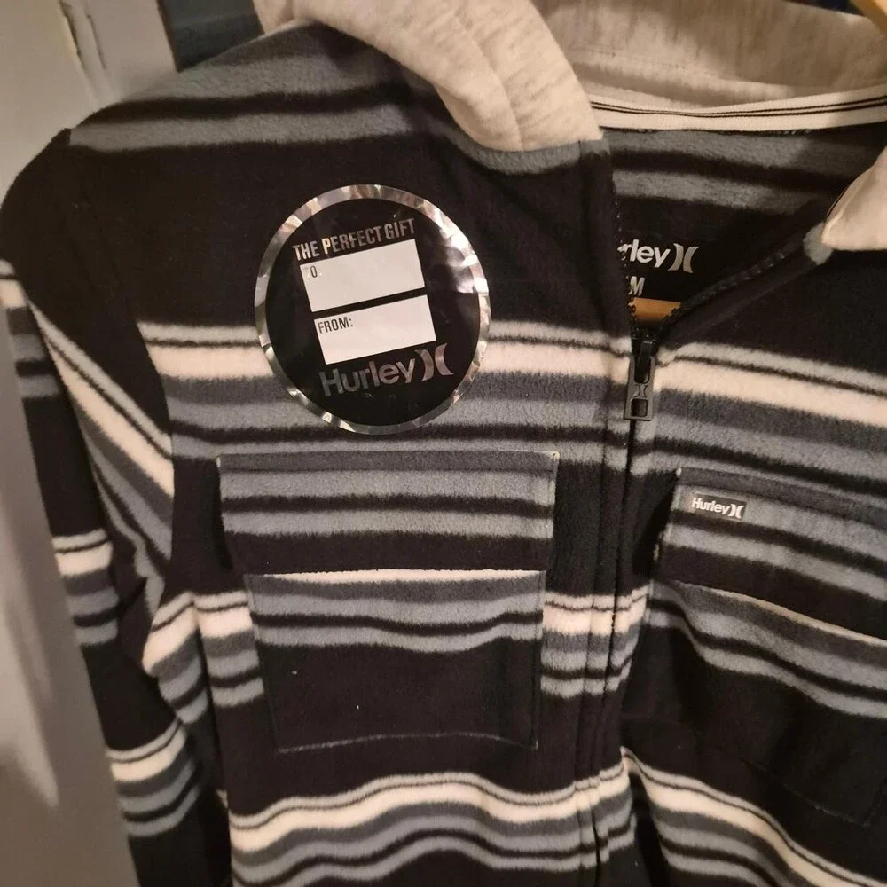 Hurley Youth black, white, and gray horizontal striped zip-up hoodie in size M #